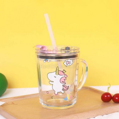 Cartoon Milk Cup With Straw Handle Scale