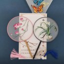 Double Sided Embroidered Long Handle Round Fan