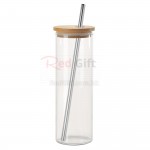 16OZ Drinking Glasses with Bamboo Lids and Stainless Steel Straw