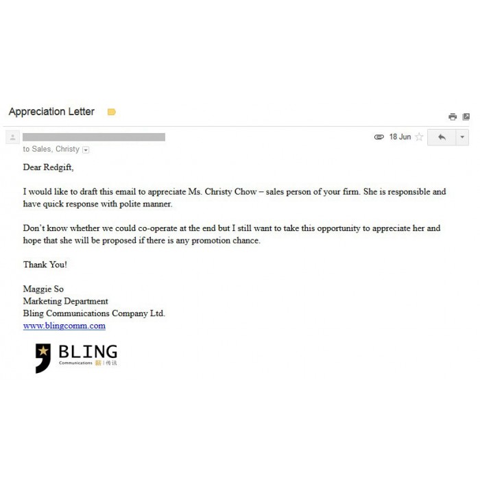 客戶電郵表扬禮品紅客戶服務員