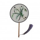 Double Sided Embroidered Long Handle Round Fan